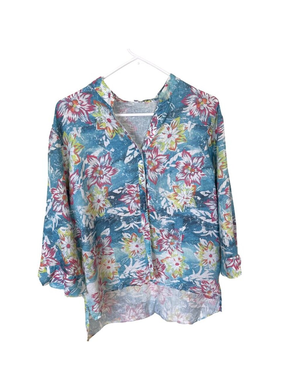 Raphael Positano Womens Floral Top XXL 100% Linen Italy Blue Lightweight Travel